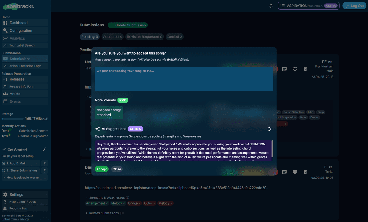 Branded demo submissions page with review statuses and artist context